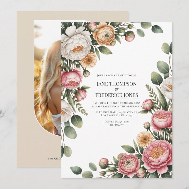 Sage, Blush and Light Tan Floral Wedding QR Code Inbjudningar (Fram/baksida)