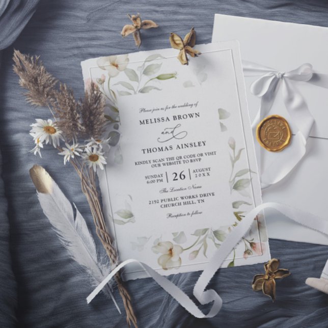Sage Blush Elegant Blommig Budget QR-kod Bröllop Inbjudningar (Skapare uppladdad)