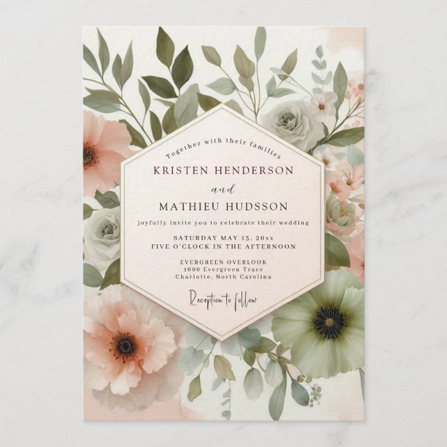 Sage Blush Watercolor Flora Wedding Inbjudningar (Framsida)