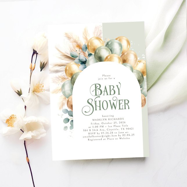 Sage Boho Arch Baby Shower Gender Neutral Inbjudningar (Sage and Brown Baby Shower Invitations)