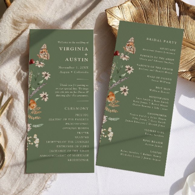 Sage Boho Blommigt Bröllop Program (Sage Green Watercolor Boho Floral Wedding Program by Painted Paperie
)