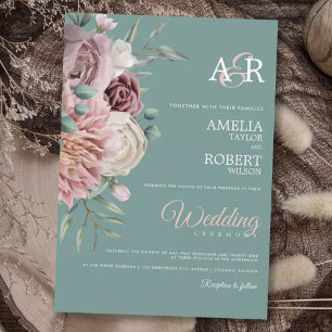 Sage Boho Dusty Ro Watercolor Blommigt Bröllop Inv Inbjudningar