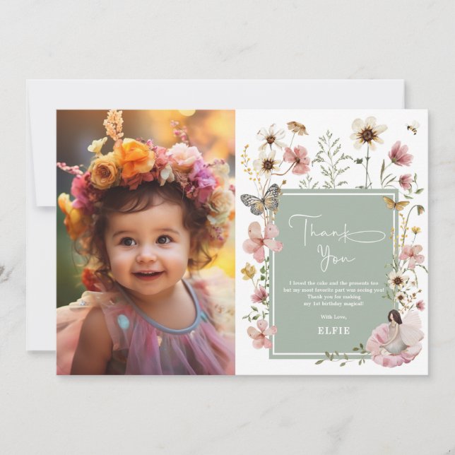Sage Boho Fairy WildblomGirl Birthday Photo Tack Kort (Framsida)