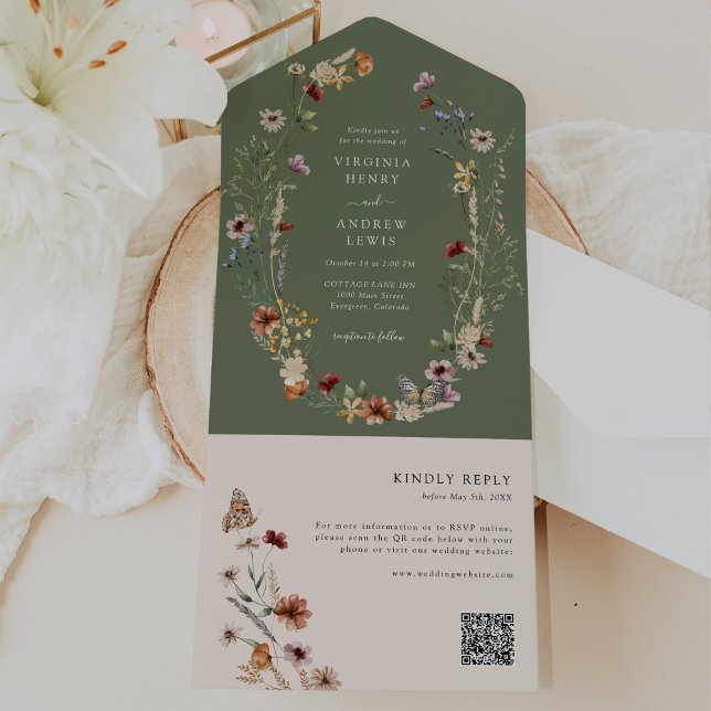 Sage Boho QR-kod All In One-inbjudan (Boho Sage Boho Wildflower QR Code All In One with Butterfly Invite by Painted Paperie
)
