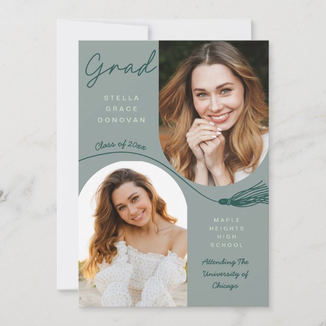 Sage Boho Tassel Grad Announcement with Photo Inbjudningar (Framsida)