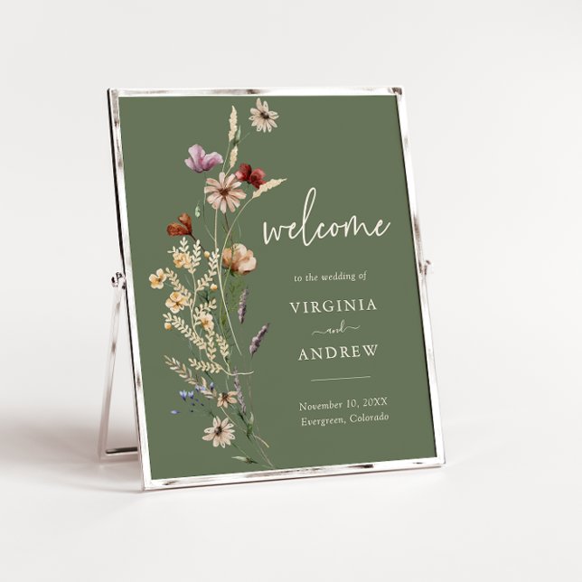 Sage Boho WildblommVälkommen Bröllop Poster (Sage Green Boho Wildflower Welcome Wedding Poster by Painted Paperie
)