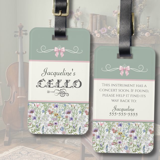 Sage Botanical Cello Student Instrument Fodral Eti Bagagebricka (Custom Cello Case Tag | Whimsical Wildflower Aesthetic | Botanical Gift for Cello Students)