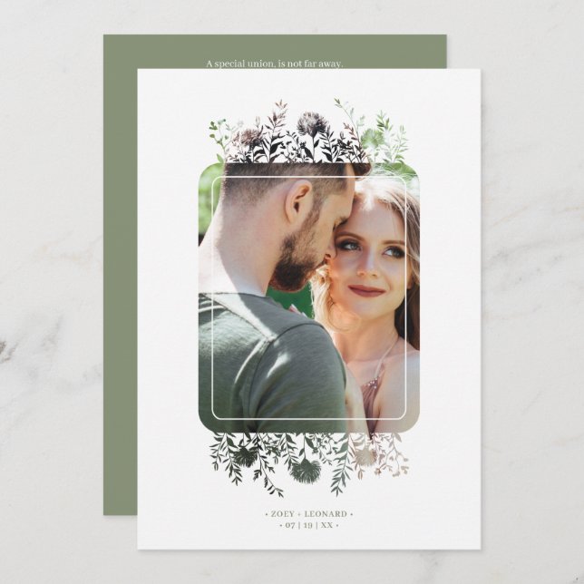 Sage Botanical Elegant Wildflowers Photo Wedding Inbjudningar (Fram/baksida)