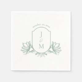 Sage Botanical Monogram Vapensköld Bröllop Napkins Pappersservett