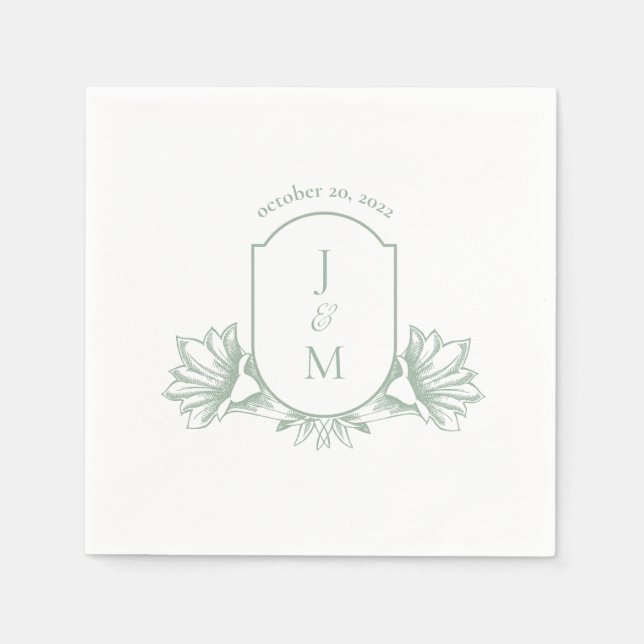 Sage Botanical Monogram Vapensköld Bröllop Napkins Pappersservett (Framsidan)