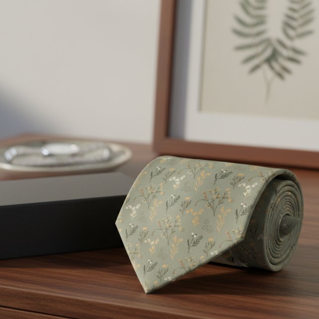 Sage Botanical Tie – Woodland Wedding Attire Slips (Sage Botanical Tie – Woodland Wedding Attire Necktie)