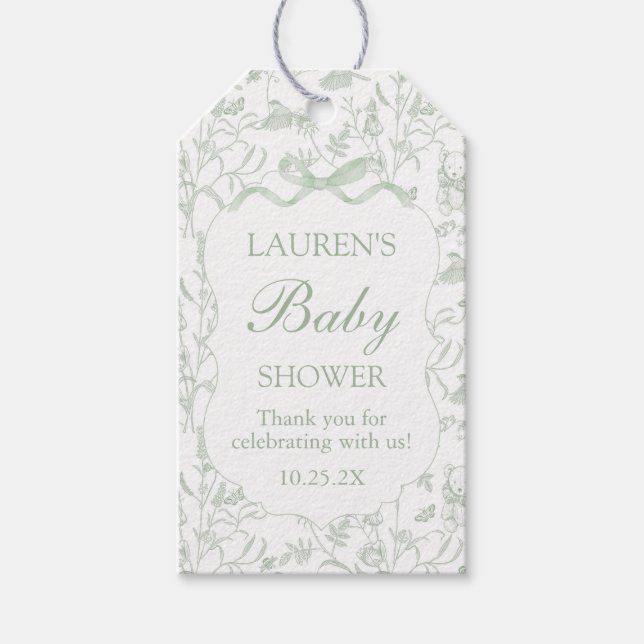 Sage Bow Baby Shower Present Tag Presentetikett (Framsidan)