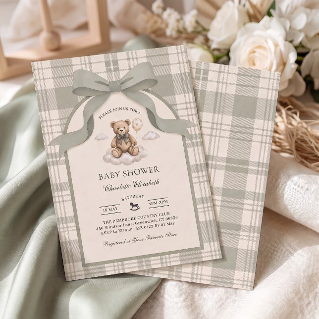 Sage Bow Teddy Bear Cloud Baby Shower Inbjudningar (Skapare uppladdad)