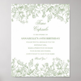 Sage Chinoiserie Blommig Tids Kapsel Baby Födelsed Poster