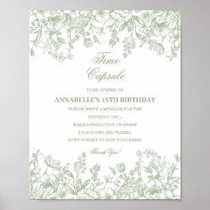 Sage Chinoiserie Blommig Tids Kapsel Baby Födelsed Poster