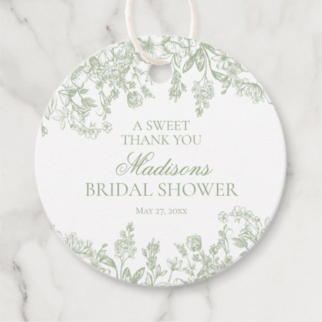 Sage Chinoiserie Blommigt Möhippa Circle Gåvor Etiketter (Framsida)