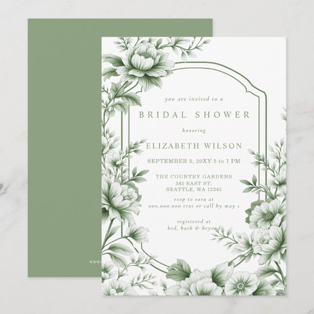 Sage Chinoiserie Toile Blommig Bröllopsdusch Inbjudningar (Fram/baksida)