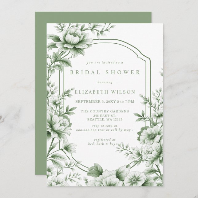 Sage Chinoiserie Toile Floral Bridal Shower Inbjudningar (Fram/baksida)
