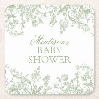 Sage Chinoiserie Vintage Blommig Bebis Shower Underlägg Papper Kvadrat