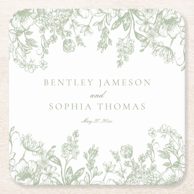 Sage Chinoiserie Vintage Blommigt Wedding Favands Underlägg Papper Kvadrat (Framsidan)