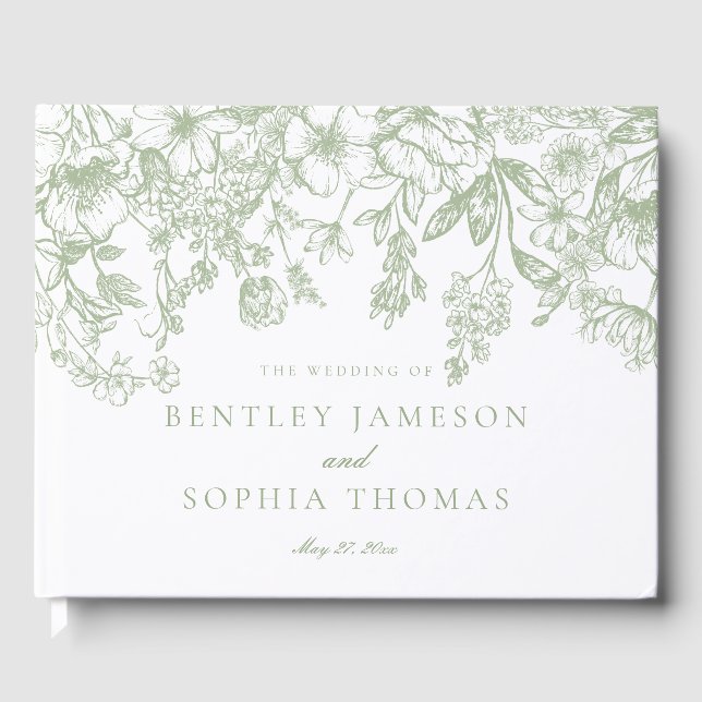 Sage Chinoiserie Vintage Floral Wedding Guestbook Gästböcker (Framsida)
