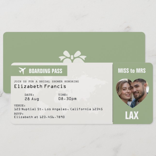 Sage & Cloud Dancer Boarding Pass Bröllopsdusch Inbjudningar (Fram/baksida)