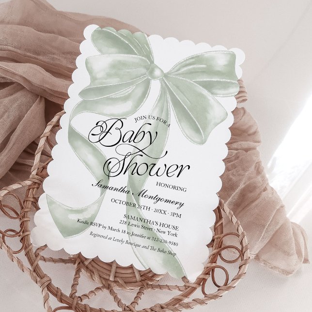 Sage Coquette Bow Neutral Baby Shower Inbjudan (Skapare uppladdad)
