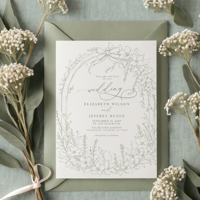 Sage Coquette Woodland Garden Blommigt Bröllop Inbjudningar (Sage Coquette Woodland Garden Floral Wedding Invitation)