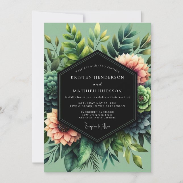 Sage Coral Botanical Wedding Inbjudningar (Framsida)