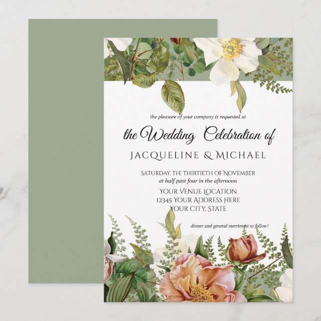 Sage Coral i  Blommigt Ivory Peony Ro Bröllop Inbjudningar (Fram/baksida)