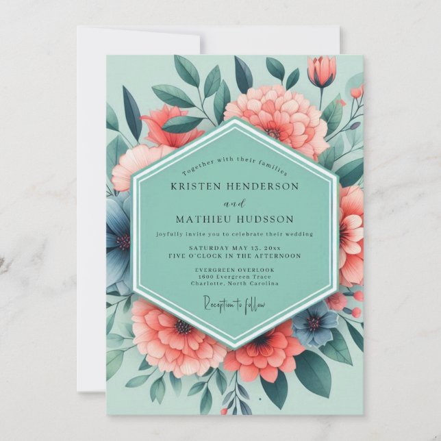 Sage Coral Vivid Bloom Wedding Inbjudningar (Framsida)