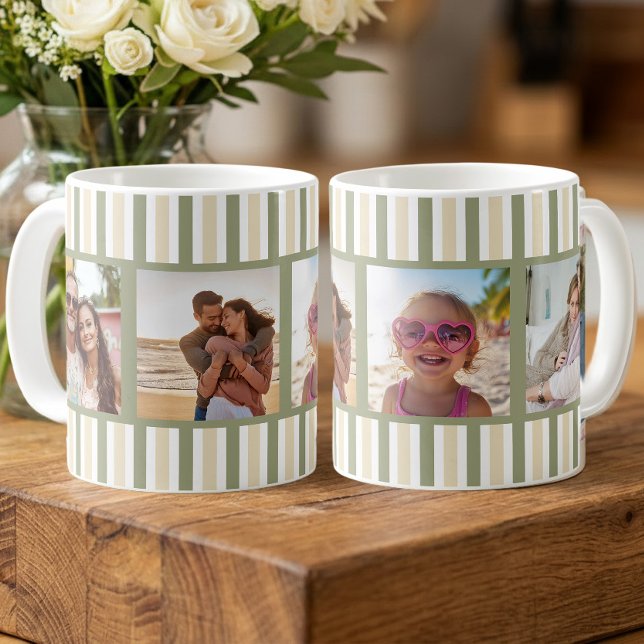 Sage Cream Stripe Multi Foto Grid Kaffemugg (4 photo striped mug in sage green and cream stripes by Darling & May)