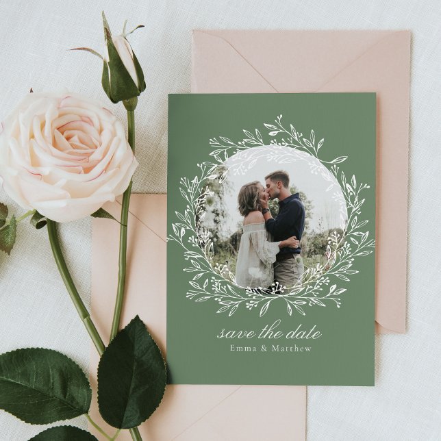 Sage Elegant Botanical Line Krans Foto & QR Spara Datumet (Sage green wedding invitation with elegant white botanical wreath - mockup Image by rawpixel.com)
