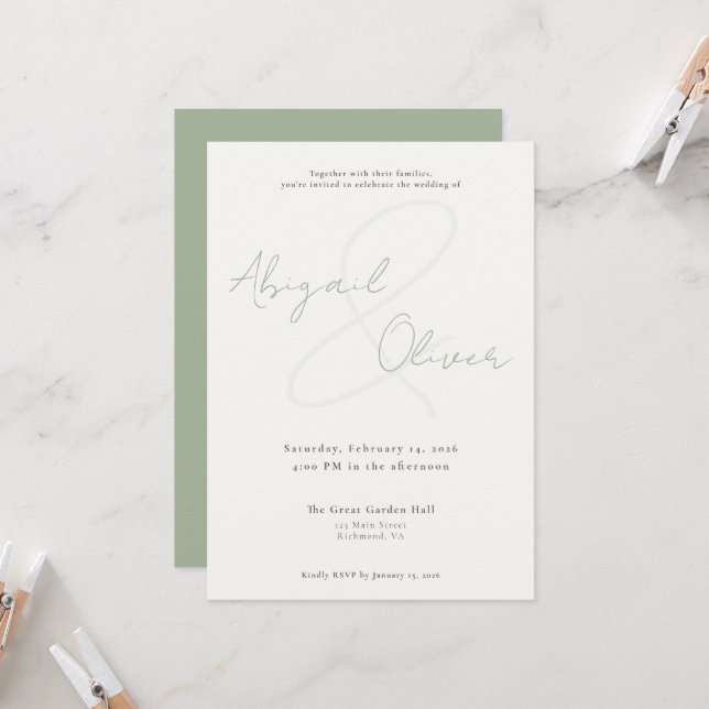 Sage Elegant & Minimal | Modern & Simple Wedding Inbjudningar (Fram/Back In Situ)