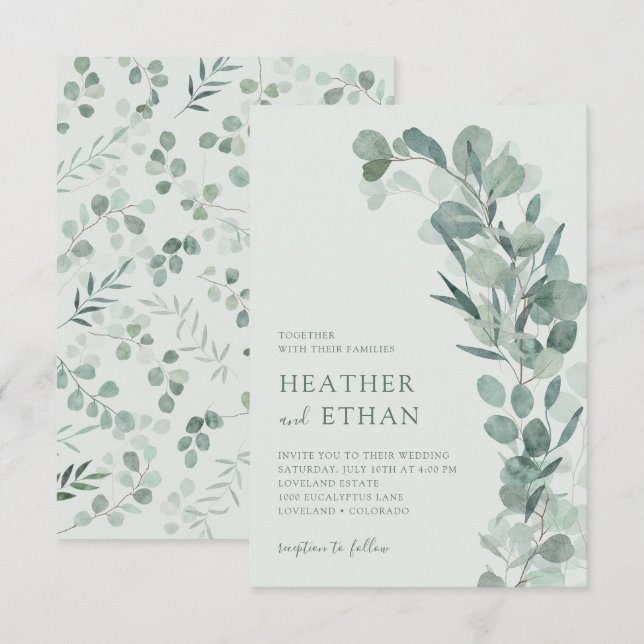 Sage Elegant Modern Eukalyptus Grönska Bröllop Inbjudningar (Fram/baksida)