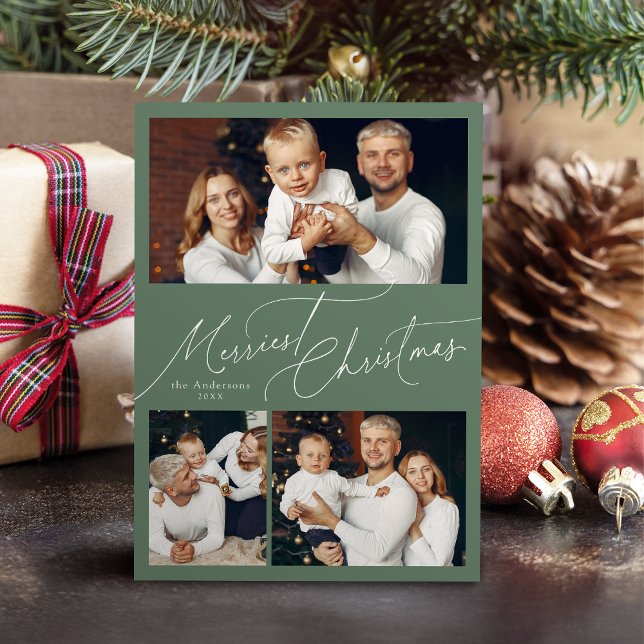 Sage Elegant Script God Jul Familj 3 Foto Julkort (Sage Elegant Script Merry Christmas Family 3 Photo Holiday Card)