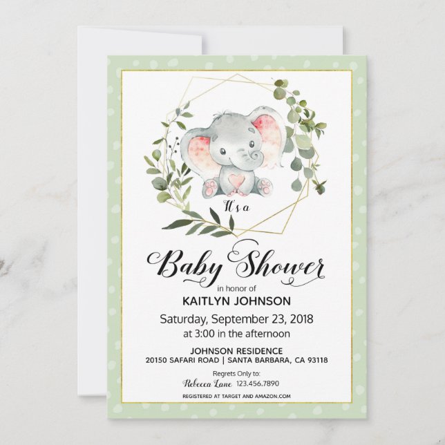 Sage Elephant Modern Baby Shower Inbjudningar (Framsida)
