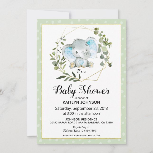 Sage Elephant Modern Baby Shower Inbjudningar (Framsida)