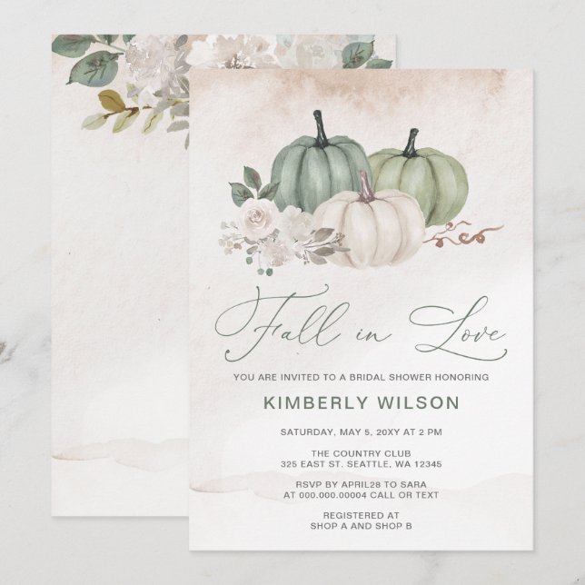 Sage Fall in Love Pumpkins Fall Bridal Shower Inbjudningar (Fram/baksida)