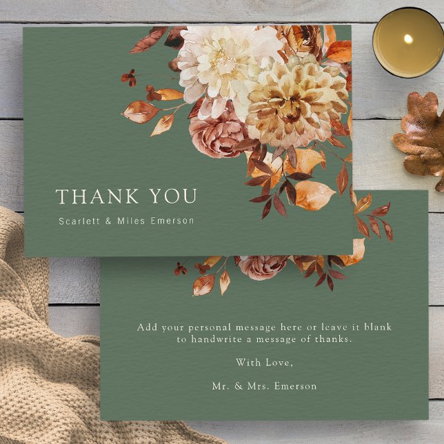 Sage Fall Terracotta Watercolor Blommigt Bröllop Tack Kort (Elegant Sage Fall Terracotta Watercolor Floral Wedding Thank You Card by Painted Paperie
)