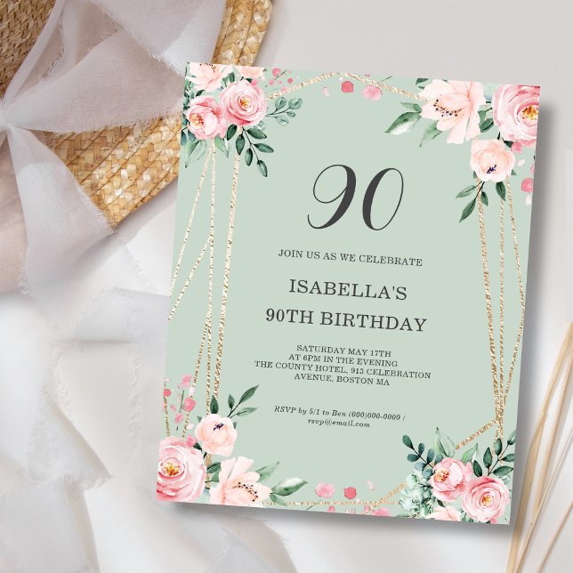 Sage Floral 90-års budget födelsedagsinbjudan (Skapare uppladdad)