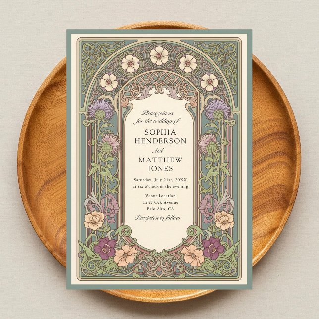Sage Floral Art Nouveau bröllopsinbjudan Inbjudningar (Skapare uppladdad)