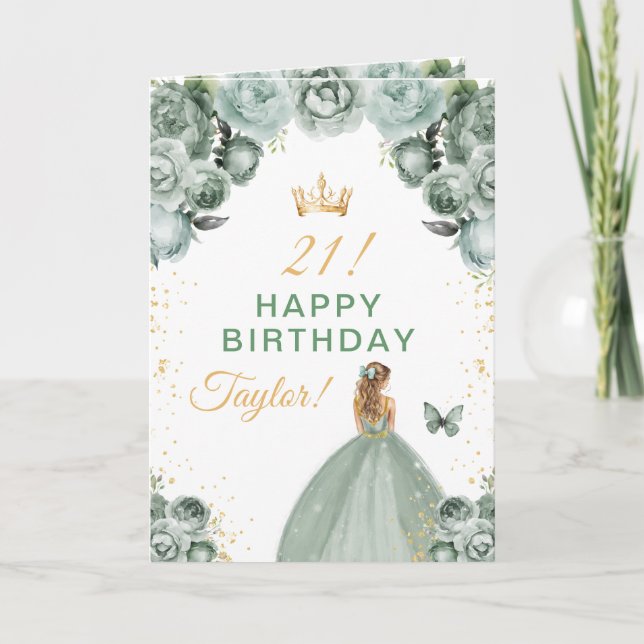 Sage Floral Blond Hårig Flicka Grattis på födelsed Kort (Framsida)