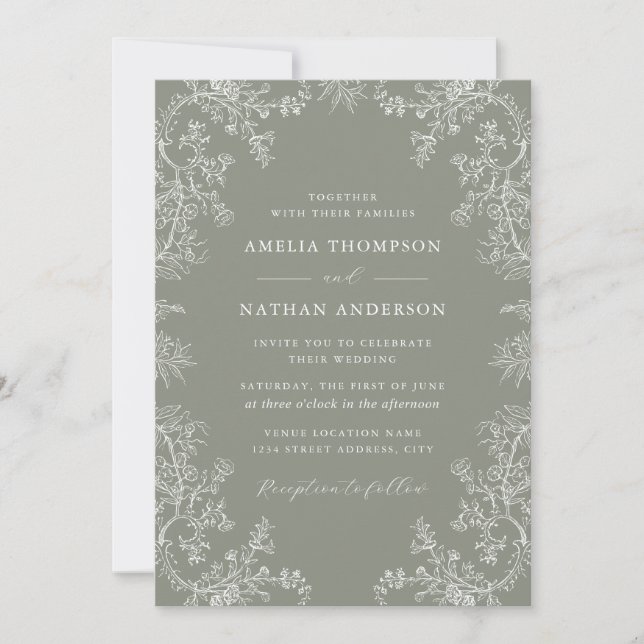 Sage Floral Elegant Wedding  Inbjudningar (Framsida)
