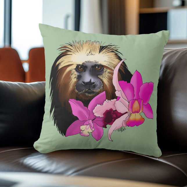 Sage Floral Gyllenhövdad Lejon Tamarin Apa Kudde (Skapare uppladdad)
