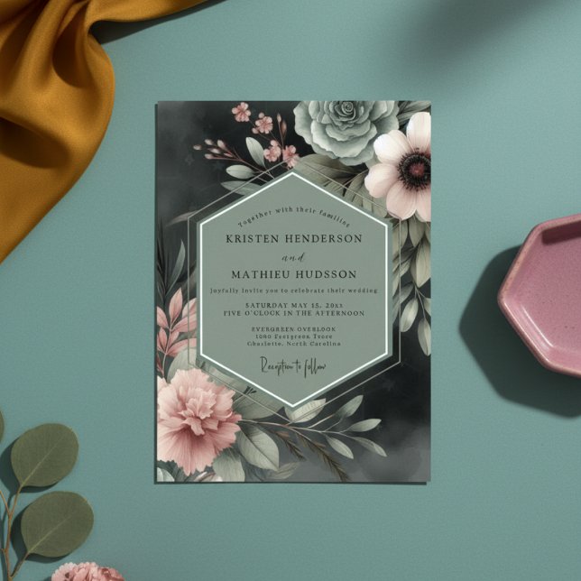 Sage Floral Moody Romance Bröllop Inbjudningar (Skapare uppladdad)