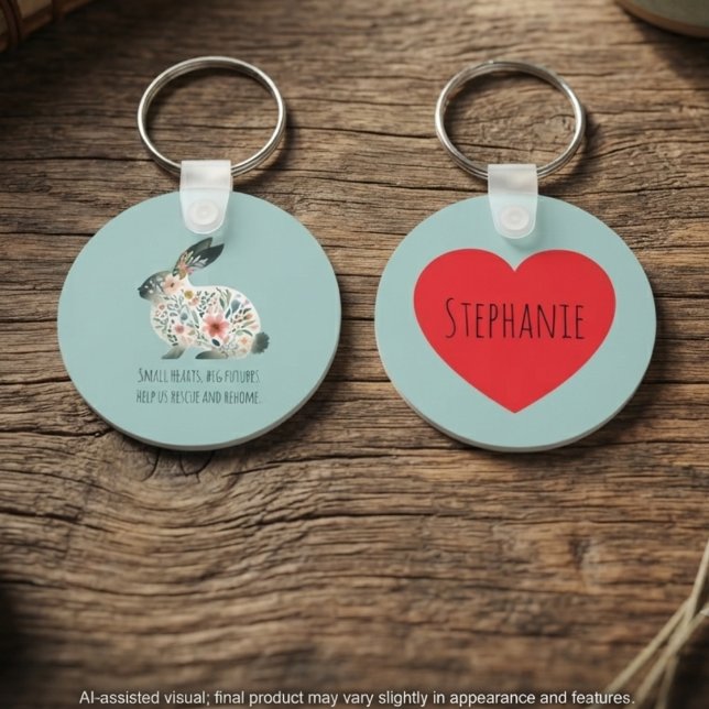 Sage Floral Rabbit Rescue Advocate Gift Nyckelring (Personalized rabbit rescue keychain with floral bunny art and heart, for supporters and advocates.)
