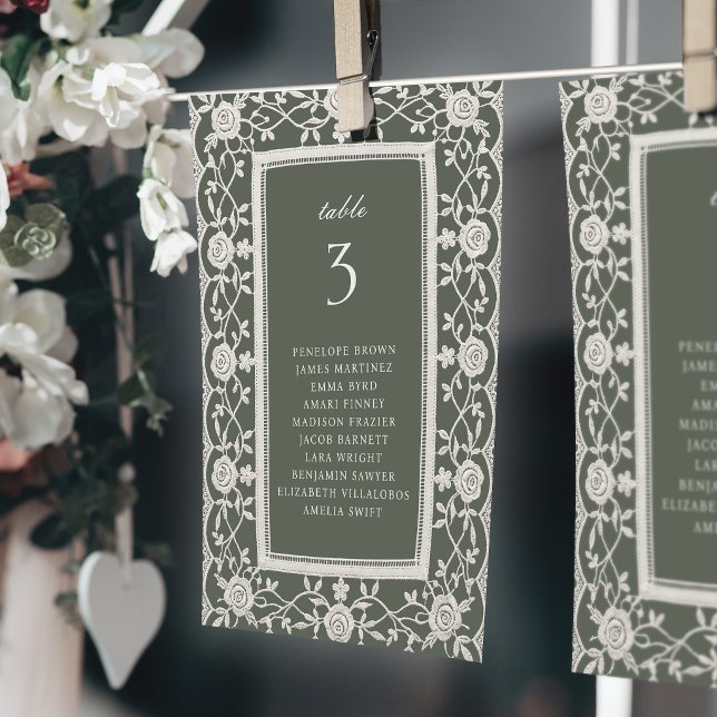 Sage Floral Vintage Spets Bröllops Placeringskort (Sage Floral Vintage Lace Wedding Seating Charts)