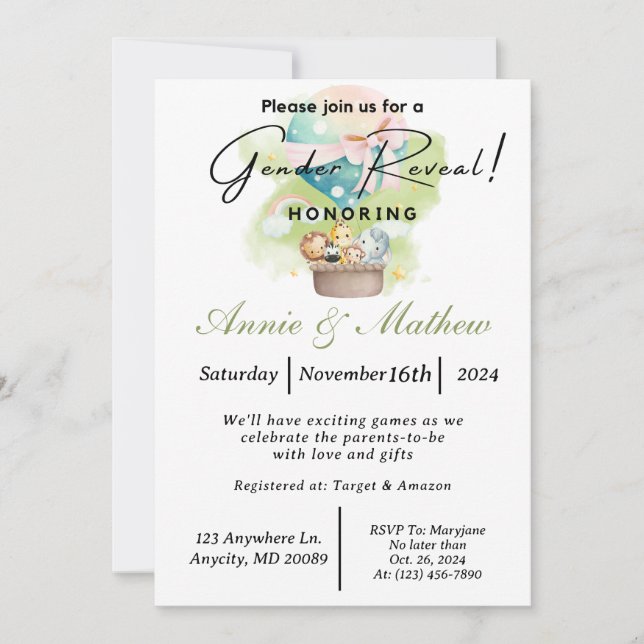 Sage Gender Reveal Animal Safari i en Hett Luft Bo Inbjudningar (Framsida)