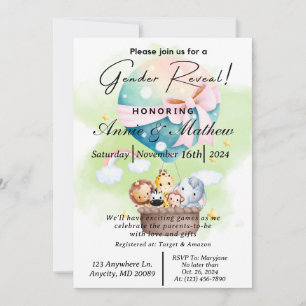 Sage Gender Reveal Animal Safari i en Hett Luft Bo Inbjudningar